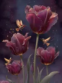 Schilderij van paarse tulpen met kolibries in een sterrennacht