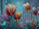 Schilderij van paarse tulpen met vlinders in een sterrenhemel-bos