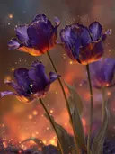 Schilderij van paarse tulpen tegen een vurige gloeiende hemel