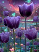 Schilderij van paarse tulpen bij een glinsterend meer onder een sterrenhemel