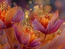 Schilderij van paarse en oranje vuurbloemen in gouden gloed
