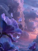 Schilderij van paarse fantasiebloemen met uitzicht op een verre kristalstad
