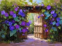 Schilderij van paarse windebloemen rond een tuinpoort