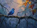 Schilderij van een blauw-paarse zangvogel tegen een paarse achtergrond