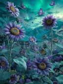 Schilderij van paarse zonnebloemen in een berglandschap met noorderlicht