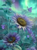 Schilderij van paarse zonnebloemen met vlinders onder een groen-paars noorderlicht