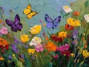 Schilderij van paarse en gele vlinders boven een bloemrijke cottagetuin