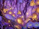 Schilderij van gloeiende paarse en gouden bloemen in een schemerig bos