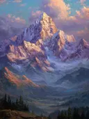 Paarsroze bergmassief, landschap schilderij
