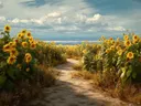 Schilderij van een pad door een zonnebloemenveld