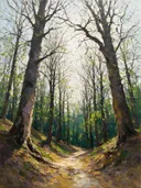 Landschapsschilderij, pad het bos in in de vroege lente