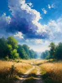 Landschapsschilderij, pad het bos in in hoogzomer