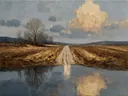 Landschapsschilderij, pad tussen de akkers in late herfst