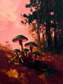 Paddenstoel aan de bosrand in groenroze, schilderij van paddenstoel aan de bosrand
