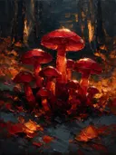 Paddenstoel aan de bosrand in karmozijn, schilderij van paddenstoel tegen de lucht