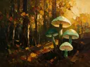 Paddenstoel aan de bosrand in mint, schilderij van paddenstoel aan de bosrand