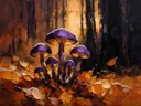 Paddenstoel aan de bosrand in paarsoranje, schilderij van paddenstoel tegen de lucht
