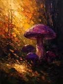 Paddenstoel aan de bosrand in violet, schilderij van paddenstoel tegen de lucht