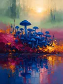 Paddenstoel aan de oever in kobaltmagenta, schilderij van paddenstoel onder de hemel