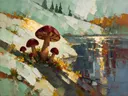 Paddenstoel aan de oever in wijnmint, schilderij van paddenstoel onder de hemel