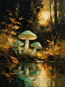 Paddenstoel aan de oever in zeegroen, schilderij van paddenstoel aan de oever