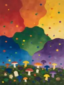 Schilderij van paddenstoel in alle kleuren van de regenboog, in vlakke kleurvlakken