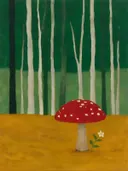 Schilderij van paddenstoel in amber en flessengroen, in vlakke kleurvlakken