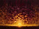 Paddenstoel in aubergine, schilderij van paddenstoel tegen de lucht
