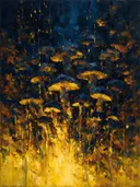 Paddenstoel in blauwgeel, schilderij van paddenstoel van dichtbij