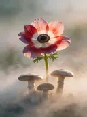 Fotografie van paddenstoel in de ochtendmist