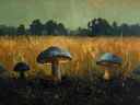 Paddenstoel in de weide in leisteen, schilderij van paddenstoel