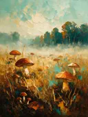 Paddenstoel in de weide in roestturkoois, schilderij van paddenstoel