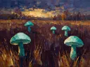 Paddenstoel in de weide in turkoois, schilderij van paddenstoel onder een storm