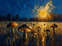 Paddenstoel in de weide in zwartgoud, schilderij van paddenstoel