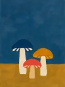 Schilderij van paddenstoel in delfsblauw en mosterd, in vlakke kleurvlakken