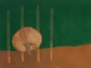Schilderij van paddenstoel in dennengroen en klei, in vlakke kleurvlakken