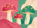 Schilderij van paddenstoel in framboos en jade, in vlakke kleurvlakken