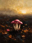 Paddenstoel in fuchsia, schilderij van paddenstoel op de helling