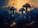 Paddenstoel in groepjes in diepblauw, schilderij van paddenstoel