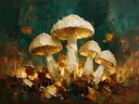 Paddenstoel in groepjes in ivoor, schilderij van paddenstoel tegen de lucht