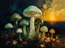 Paddenstoel in groepjes in mint, schilderij van paddenstoel aan de bosrand