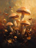 Paddenstoel in groepjes in perzik, schilderij van paddenstoel aan de bosrand