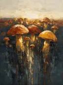 Paddenstoel in het landschap in terracotta, schilderij van paddenstoel