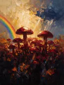Paddenstoel in karmozijn, schilderij van paddenstoel tegen de lucht