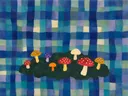 Schilderij van paddenstoel in koele kleuren bij elkaar, in vlakke kleurvlakken