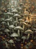Paddenstoel in saliegrijs, schilderij van paddenstoel tegen de lucht