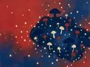 Schilderij van paddenstoel in vermiljoen en indigo, in vlakke kleurvlakken