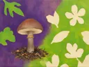 Schilderij van paddenstoel in violet en limoen, in vlakke kleurvlakken