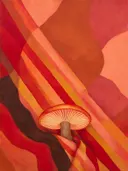 Schilderij van paddenstoel in warme kleuren bij elkaar, in vlakke kleurvlakken