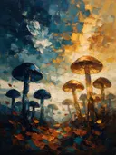 Paddenstoel onder de hemel in inktblauw, schilderij van paddenstoel van dichtbij